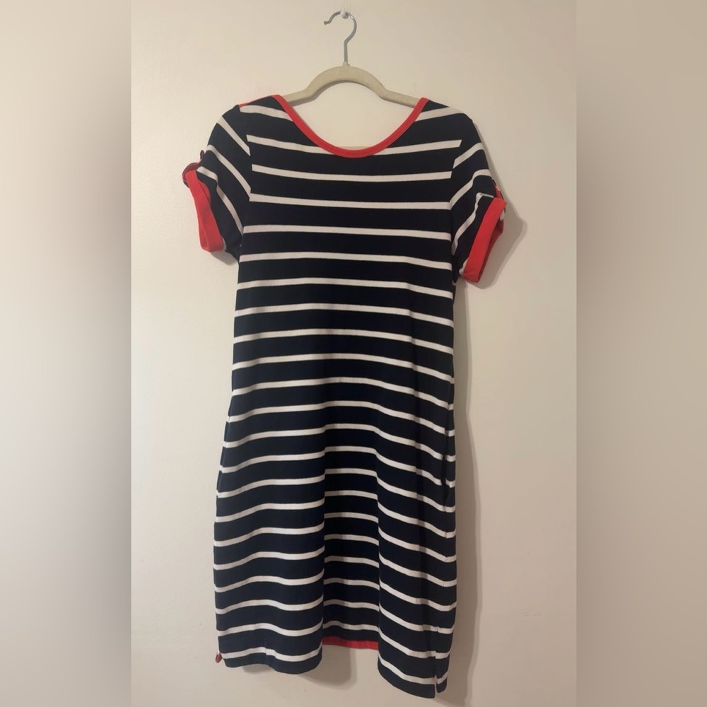 Land’s End Dress S 6-8 Nautical Striped Shift Boat Neck Short Sleeve Cotton Navy
